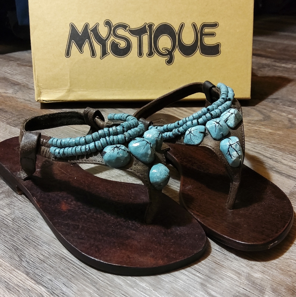 Mystique Boho Turquoise Leather Thong Sandlas NIB - Picture 13 of 13